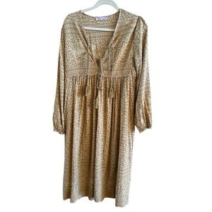R.Vivimos Beige Animal Tiger Print Women's Boho Dress Sz Medium (8-10) Tassels